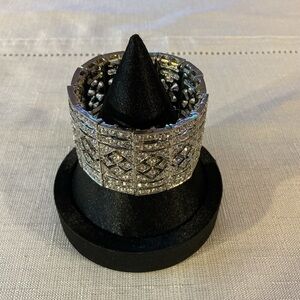 Rhinestone Wide Art Deco Silver Tone Stretch Bracelet